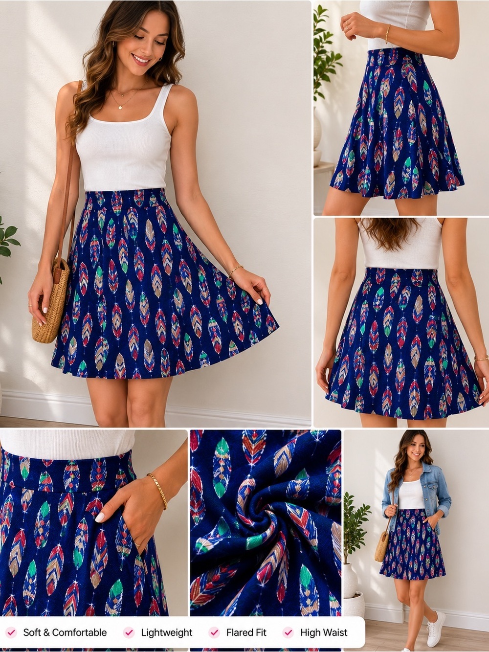 LuLaRoe Azure Skirt Size Medium Feather Print Blue A-Line Flare Stretch
